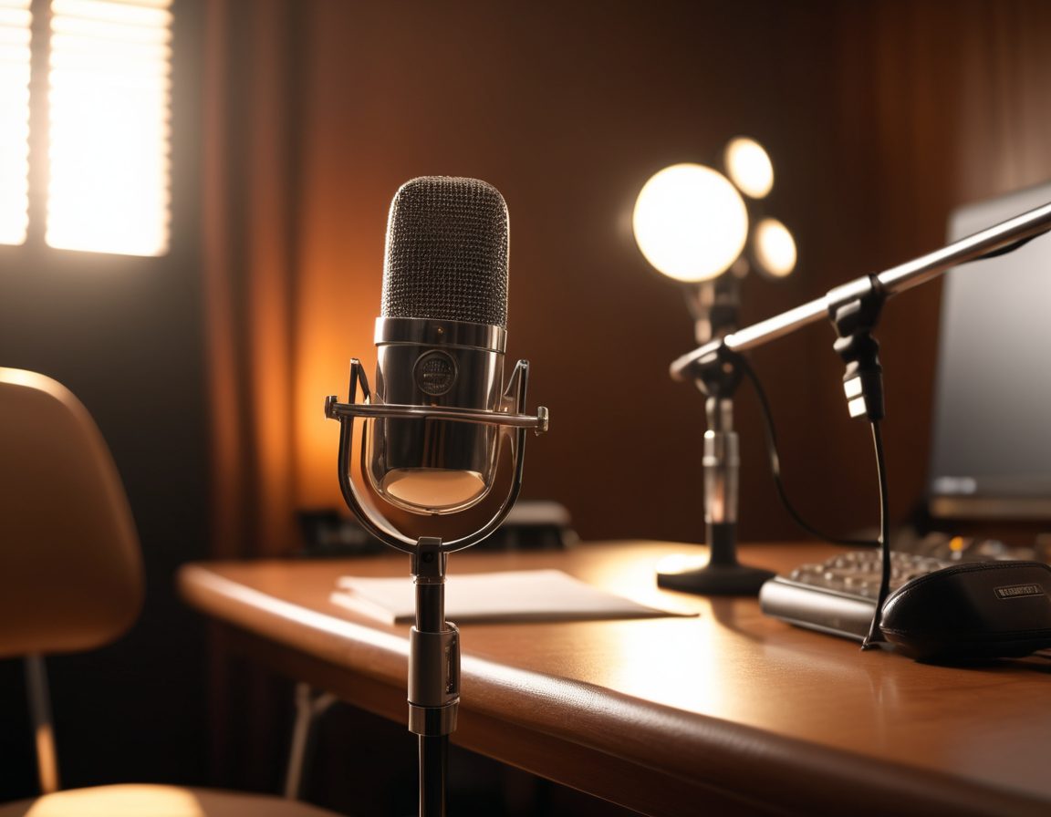 A microphone and studio light on a warm wooden desk, inviting listeners into Manny Keen’s world of songs and spoken stories.