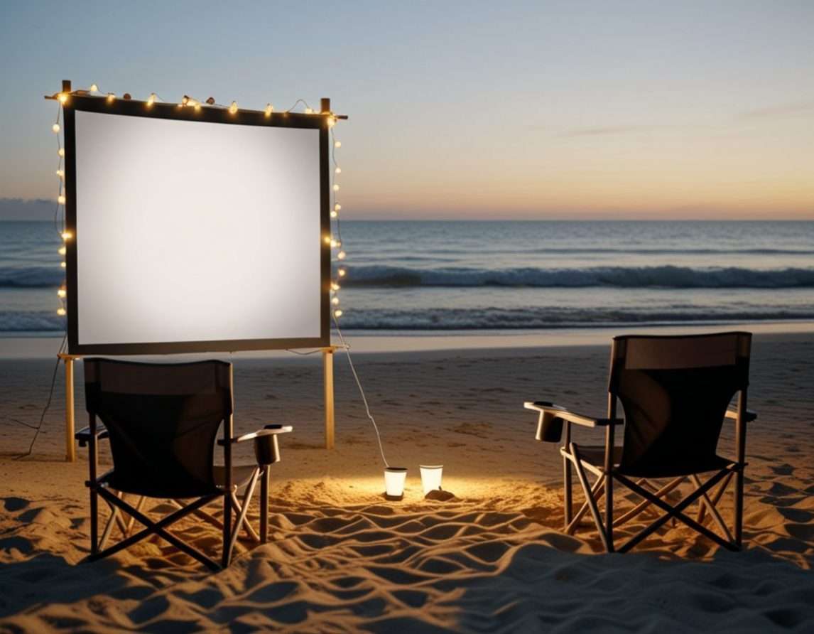 A seaside film setup with two chairs facing a movie screen at sunset, representing Manny Keen’s surreal short films and adventures.