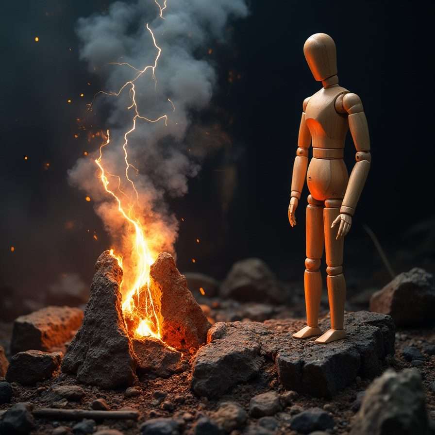 Manny Classic, The Myth-- A tiny wooden figure, tied to a brick.