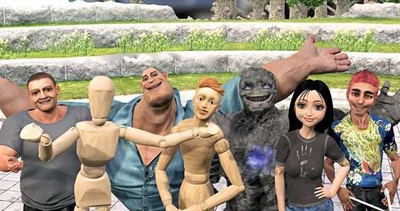 Manny Keen and friends—wooden mannequins, animated characters, and human allies—standing together, welcoming visitors into the full MannyVerse.