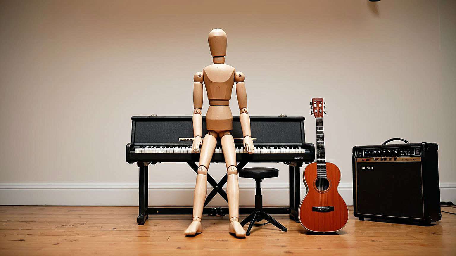 Wooden mannequin standing beside a piano, guitar, and microphone in a cozy studio - symbolizing collaboration and custom song creation with Manny