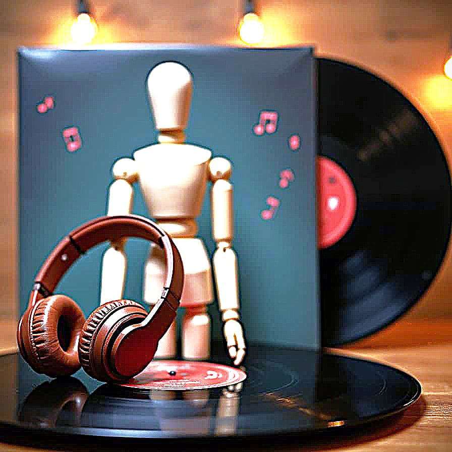 Wooden mannequin figure with headphones leaning against a vinyl record — symbolizing Manny Keen songs and albums.