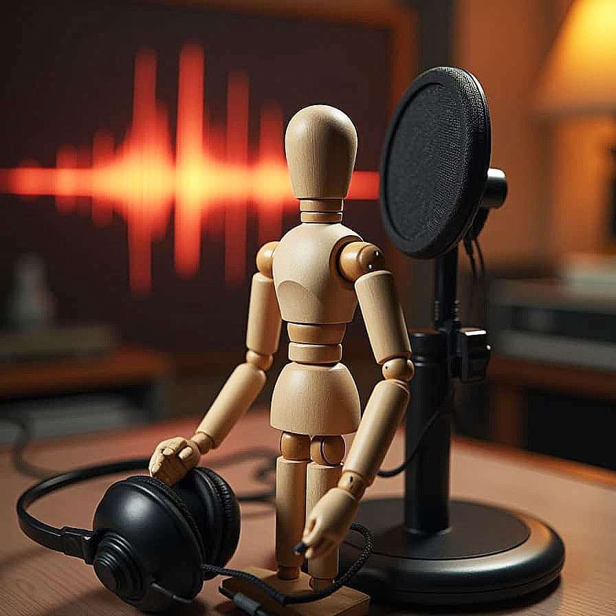 Wooden mannequin seated at a podcast microphone in a warmly lit studio, ready to speak - representing Manny Keen’s storytelling and interviews