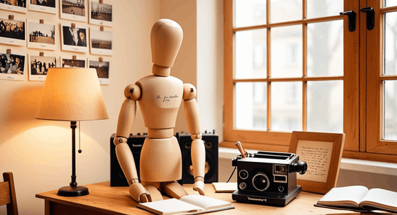A small wooden mannequin opens a notebook at a warm studio desk scattered with photos and handwritten notes