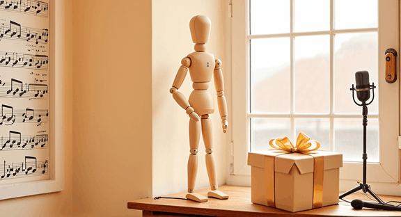 A wooden mannequin presents a glowing music-note gift box on a polished desk.