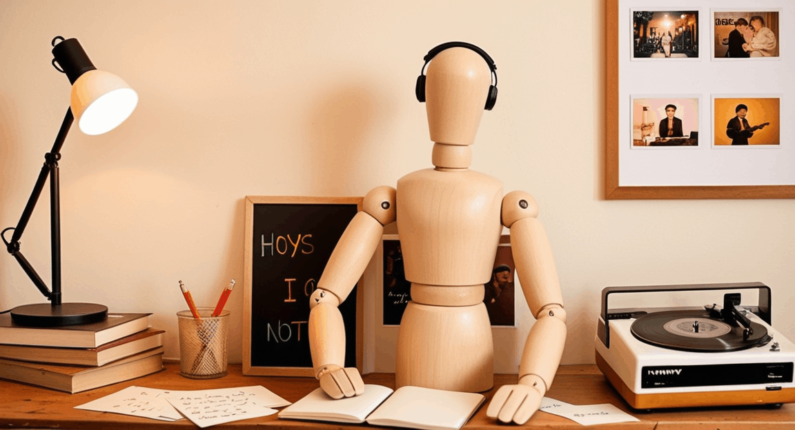 A small wooden mannequin opens a notebook at a warm studio desk scattered with photos and handwritten notes