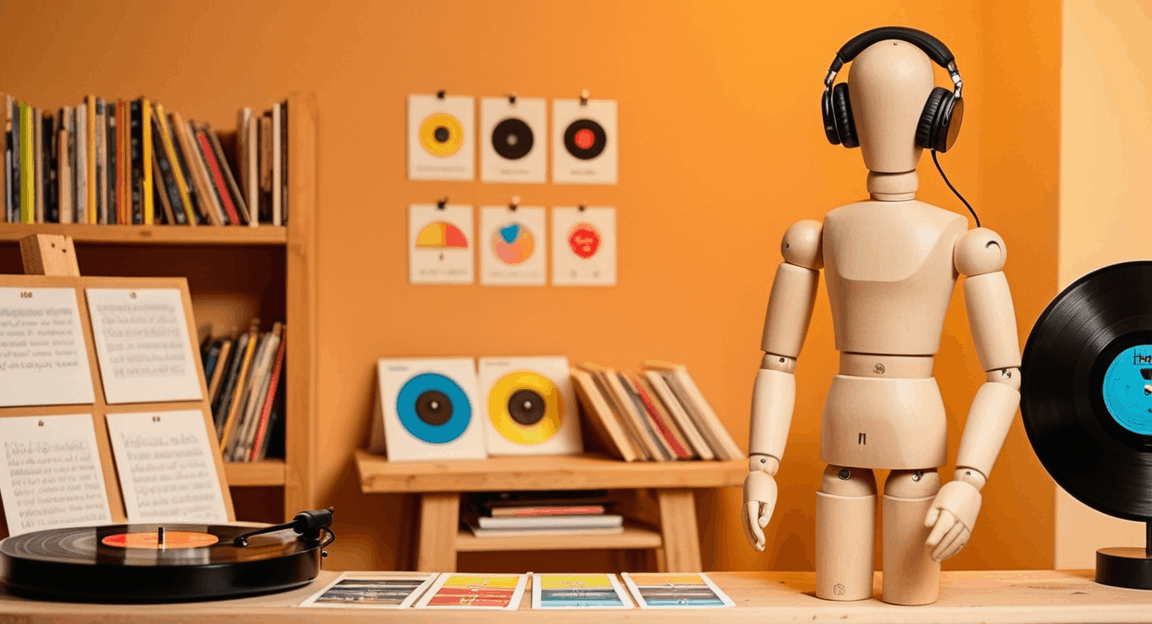 A wooden mannequin with headphones choosing between vinyl records and color-coded mood cards on a studio table